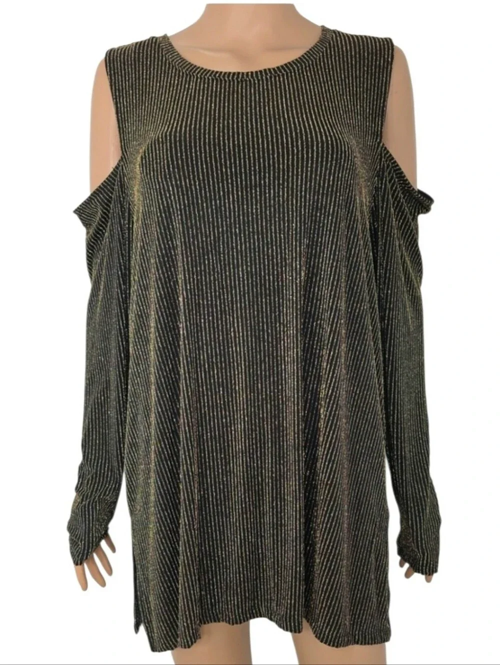 Michael Kors Gold Black Sparkle Metallic Cold Shoulder Top Women's‎ Size 1X